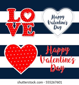 love valentine day symbols with hearts and navy strips greeting card, vector illustration