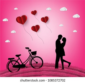 Love and Valentine day,Lovers stand in the meadows and a paper art heart shape balloon floating in the sky. craft style.