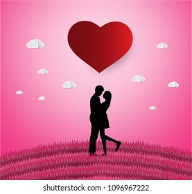 Love and Valentine day,Lovers stand in the meadows and a paper art heart shape balloon floating in the sky. craft style.