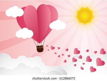love and valentine day,Origami made hot air balloon flying over cloud with heart float on the sky.paper art style.
