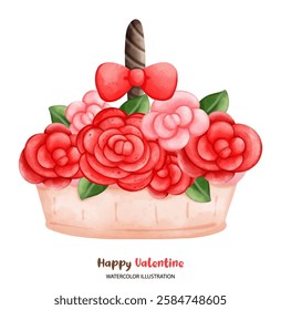 A love valentine, delightful watercolor illustration of cake adorned with red and pink roses, topped with bow, perfect for Valentine Day celebrations