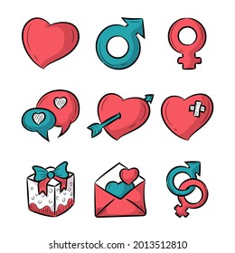 Love and valentine doodle icon set vector illustration, coloring hand drawn sketching style