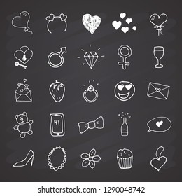 Love and valentine doodle Icons, hand drawn signs set, vector illustration on chalkboard background.