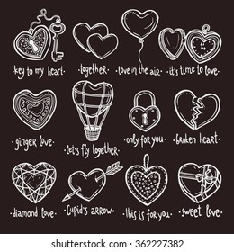 Love And Valentine Doodle Set On The Chalkboard. Hearts Color Collection