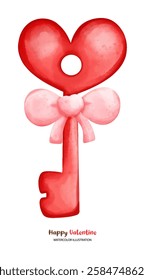 A love valentine, Happy Valentine key illustration with heart shaped top and pink bow. This watercolor design captures essence of love and affection, perfect for Valentine Day