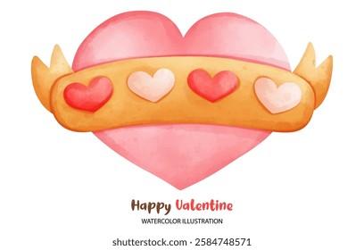 A love valentine, Happy Valentine watercolor illustration featuring heart with decorative band and hearts. Perfect for romantic themes and celebrations