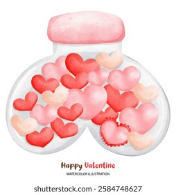 A love valentine, Heart shaped candies in jar create sweet Valentine Day vibe, perfect for expressing love and affection. delightful watercolor illustration for celebrations