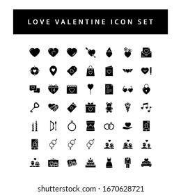 Love Valentine icon set with black color glyph style design.