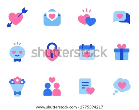 Love Valentine Icon Set Containing heart, arrow, love letter, gift, couple, and romantic icons. Solid icon collection.