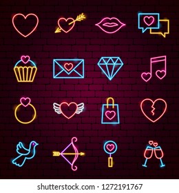 Love Valentine Neon Icons. Vector Illustration of Romance Promotion.