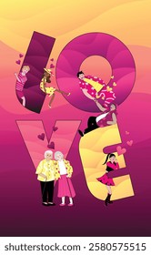 Love valentine with people. Happy valentine. Valentine illustration with couple, variety of love, relationship, lover, dating, happy and romantic in cartoon graphic design, simple and cute background.