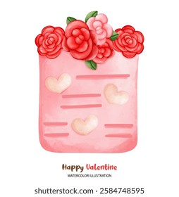 A love valentine, pink note with red roses and hearts, perfect for Valentine Day. watercolor illustration conveys romantic and cheerful sentiment