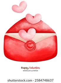 A love valentine, red envelope with hearts, symbolizing love and affection for Valentine Day. watercolor illustration captures warm and romantic feeling