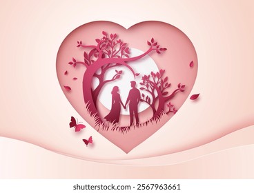 Love and Valentine romantic paper cut design featuring a couple holding hands under heart shaped trees. Soft pink tones, butterflies, and falling leaves create a dreamy