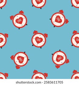 Love and Valentine seamless pattern, red heart in alarm clock. Time to love, texture background. Wallpaper template. Timepiece colored, flat vector illustration