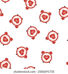 Love and Valentine seamless pattern, red heart and alarm clock. Time to love, texture background. Wallpaper template. Timepiece colored isolated on white background. flat vector illustration