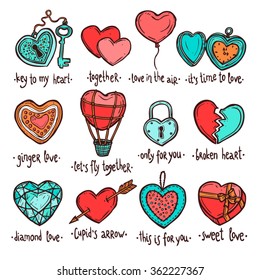 Love And Valentine Sketch Set. Hearts Color Collection