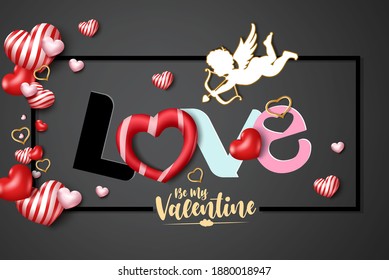 Love valentine vector background concept. Love paper cut text in black frame with romantic elements like hearts and cupid character for romantic valentine design. Vector illustration