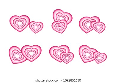 Love, valentine, and wedding concepts. Set of couple pink hearts isolated on white (transparent) background. Vector illustration. Use as icons, elements in graphic design, greeting / invitation cards.