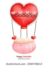 A love valentine, whimsical watercolor illustration of heart shaped hot air balloon with pink accents, perfect for Valentine Day celebrations