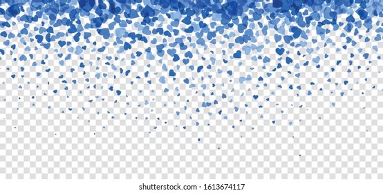 Love valentine's background with blue falling hearts over transparent grid. Vector illustration.