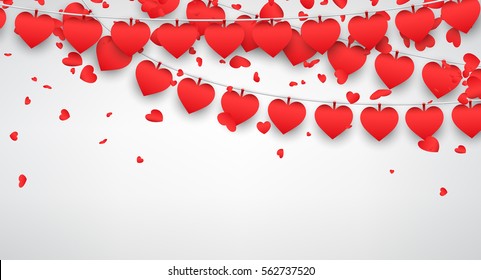 Love valentine's background with garland of red hearts. Vector illustration.