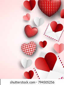 Love Valentine's background with paper envelopes, pink and red hearts. Vector illustration.