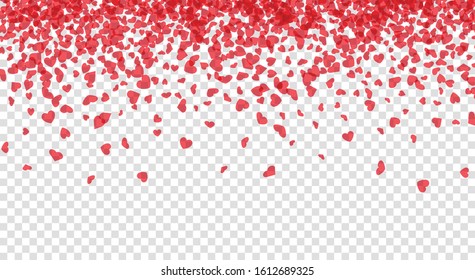 Love valentine's background with pink falling hearts over transparent grid. Vector illustration.
