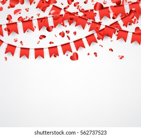 Love valentine's background with red flags and hearts. Vector illustration.