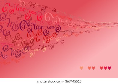 Love Valentines background. Red handwritten I love you words and hearts shapes gust design background. Curl typography design. Handwritten blow letters on light red background. Vector illustration