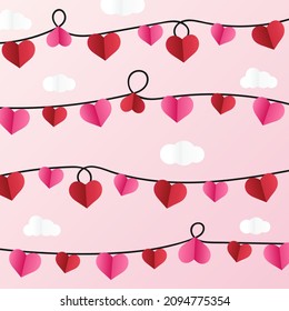 Love valentines banner with garland of pink hearts. Vector illustration.