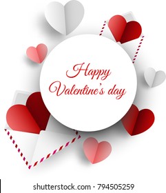 Love Valentine's card with paper envelopes, pink and red hearts. Vector illustration.