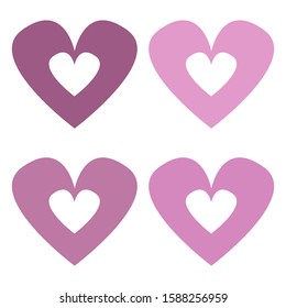 Love, Valentine's Day, 4 pink hearts of different features on white background, isolated vector illustration