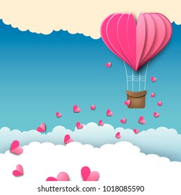 Love or Valentine's day background with heart shaped hot air balloon flying through clouds. Romantic paper art and origami style vector illustration 