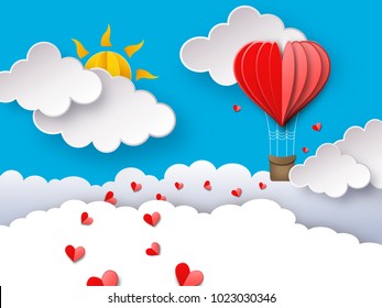 Love or Valentine's day background with heart shaped hot air balloon flying through clouds. Romantic paper art and origami style vector illustration 