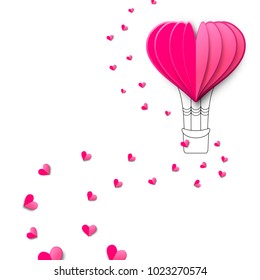 Love or Valentine's day background with heart shaped hot air balloon on white. Romantic paper art and origami style vector illustration 
