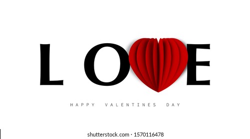 Love. Valentines day background. Valentines day with heart in paper design and text Love. Banners or Poster, Greeting card, Wallpaper, Flyers, Invitation, Brochure. Vector illustration