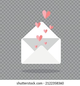 Love Or Valentines Day Background Made With Cute Opened Envelope And Paper Cut Heart Shape Confetti Flying Up. Love Letter Or Message Concept. Flat-lay. Isolated On Transparent Background.