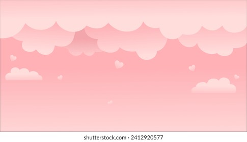 Love and valentine's day background. pink clouds and hearts with paper cut style. pink background illustration. 