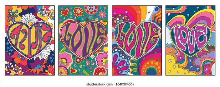 Love Valentine's Day Background Set, Colorful Floral Patterns Psychedelic Art Hippie Style Greeting Cards