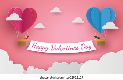 love, valentine's day. Banner from Man, Woman in the air Heart balloon on the Cloudy pink sky. paper cut art and digital craft style. for love postcard, greeting card, wedding. 3d illustration Vector