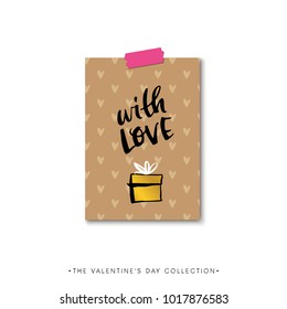 With Love. Valentines day calligraphy gift card. Hand drawn design elements. Handwritten modern brush lettering. Vector illustration.