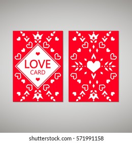Love valentines day card or save the date, wedding invitation, banneror or poster. Abstract ornament with heart. Vector illustration with red and white colors