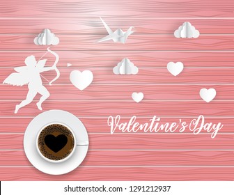 Love for Valentine's day with card ,Vector illustration.paper craft style on the wooden background