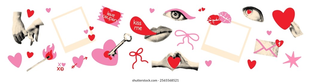 Love and Valentine's day collage cut outs set. Halftone dotted stickers and doodles, hands, eyes, lips, vintage bows, instant photo frames. Modern retro vector illustration on transparent background