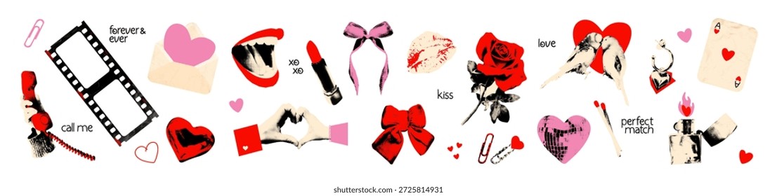 Liebe Valentinstag Collage Elemente gesetzt. Halftone Aufkleber mit Doodles Ausschneiden rote Rose, rosafarbene Herzen, Lippen, Hände, Bögen, Filmstreifenrahmen. Moderne Retro-Vektorgrafik auf transparentem Hintergrund