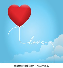 Love and Valentine's day concept, beautiful red heart-shaped balloon with the rope as the word 'love' floats over a cloud on a bright blue sky. Vintage/retro style.