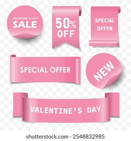 amor y el concepto del día de San Valentín La mejor opción, ordene ahora, oferta especial, Anuncios de venta de entrega gratuita. Cintas rosas, etiquetas y pegatinas. Vector