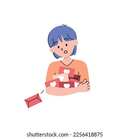 Love Valentine's Day Concept. Character received lots of love letters on arms, falling letter. Tempelate love symbol for greeting card, decal, book cover and other used print