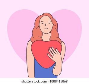 Love, valentines day concept. Happy, elegant woman girl looking away while holding heart-shaped balloon Modern line style illustration